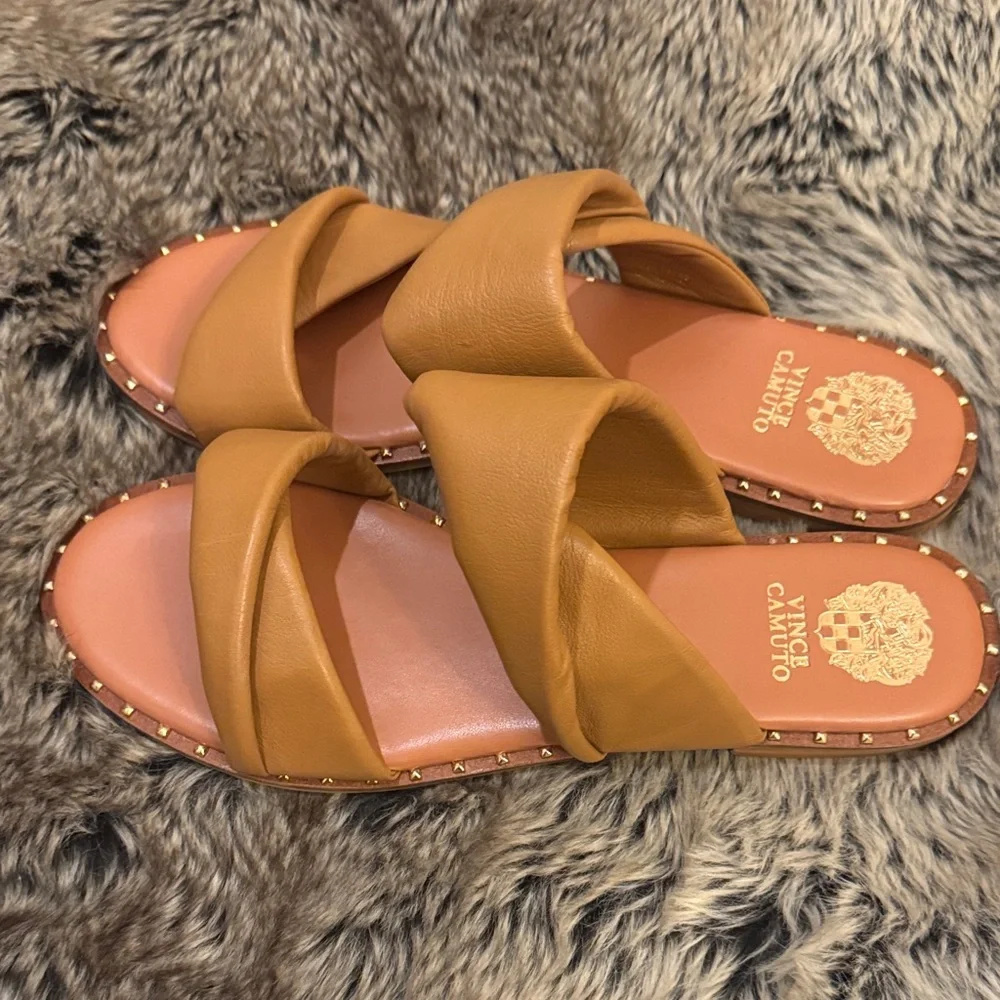 Vince Camuto Tan Leather Crossover Slide Sandals with Gold Stud Trim - Picture 4 of 6